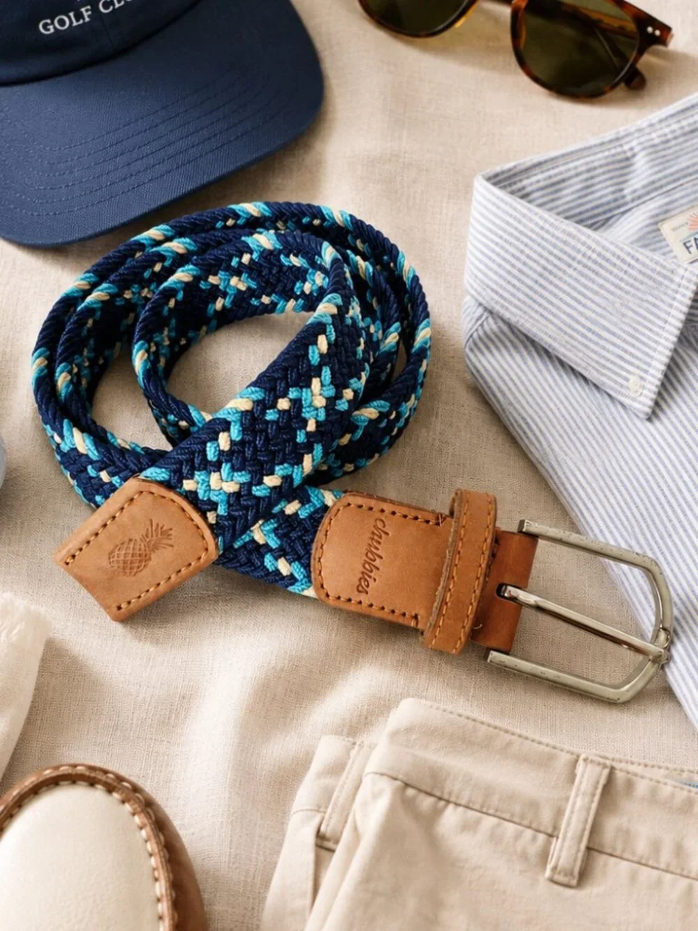 Chubbies Braided Woven Stretch Belt Blue Tan Leather Silver Buckle 43